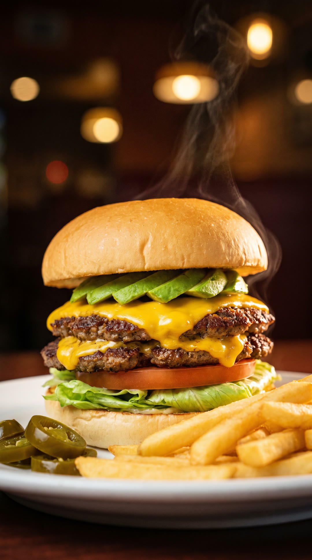 Hamburguesa doble con queso cheddar, aguacate y papas